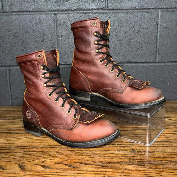 Double H Shoes - Double H Women’s Brown Leather Lace Up Boots Kiltie Western Women’s 9 USA Made